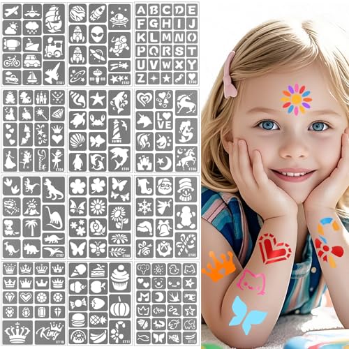 Yazhiji 183PCS Temporary Tattoo Stencils, Paint Stencils Kit on Face and Body, Girl Boy Glitter Tattoos Stencils Pack for Kids School Show Birthdays Halloween Christmas Party Favor Supplies - color: Stencil