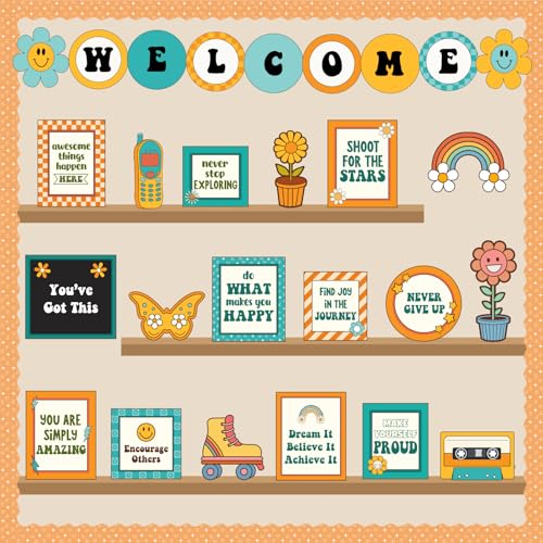 Welcome Back to School Bulletin Board Decorations, Hippie Retro Classroom Decorations Motivational Bookshelf Cutouts Groovy Bulletin Board Set for Classroom School Office Door Wall Decor - color: Groovy