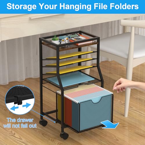 BOHDK Rolling File Cart, 6-Tier Desk File Organizer on Lockable Wheels, Brown Wood Planks & Mesh Sliding Hanging Folder Drawer, Organization Cart for Office Home School - color: Brown