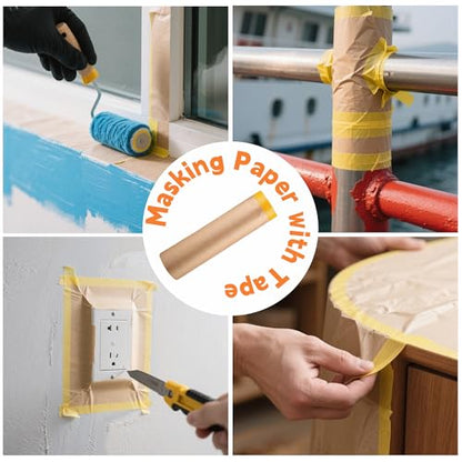 Painter's Pre-Taped Masking Paper and Masking Tape in one Kraft Paper Roll 18" x 50 Feet(Each roll) Paper is PRE-Folded Painters Paper with Tape 2 Pack