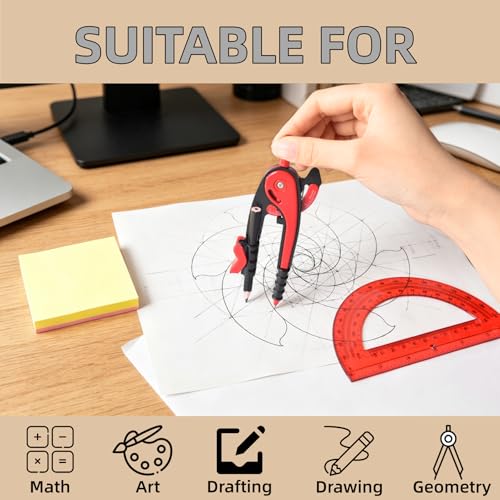 Vobou Professional Compass for Geometry Set with 6 Inch Protractor, Compass, Sharpener and Eraser for Circle Drafting Tool, Student Geometry Math Set (Black) - color: Black