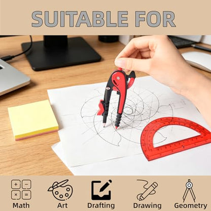 Vobou Professional Compass for Geometry Set with 6 Inch Protractor, Compass, Sharpener and Eraser for Circle Drafting Tool, Student Geometry Math Set (Black) - color: Black