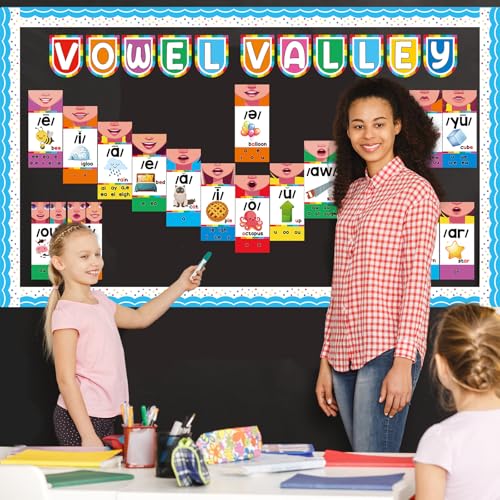 Vowel Valley Bulletin Board Set Back to School Classroom Decorations Sound Wall Phonics Poster Vowel Learning Cutouts Early Learning Kindergarten Elementary School Classroom Chalkboard Wall Door Decor - style: Sound Wall
