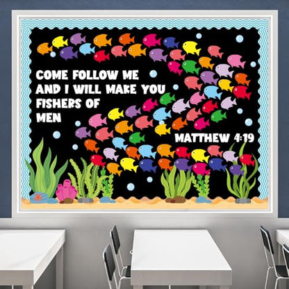Fishers of Men Bulletin Board Classroom Decorations Christian Religious Bible Bulletin Board Sets Fish Paper Cutouts for Jesus Church Sunday Summer VBS Back to School Teacher Chalkboard Wall Supplies - style: Fishers of Men
