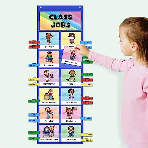 ABCxGOOD Class Jobs Pocket Chart Class Management Educational Pocket Chart Teacher's Helper, Preschool Classroom Must Haves Supplies, Great for Classroom Homeschool. (Blue) (Blue, 29.5"*10") - color: Blue, size: 29.5"*10"
