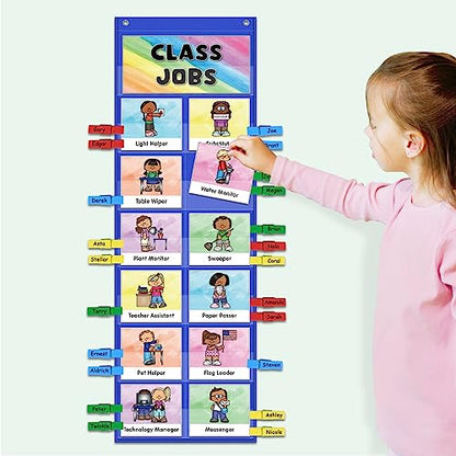 ABCxGOOD Class Jobs Pocket Chart Class Management Educational Pocket Chart Teacher's Helper, Preschool Classroom Must Haves Supplies, Great for Classroom Homeschool. (Blue) (Blue, 29.5"*10") - color: Blue, size: 29.5"*10"