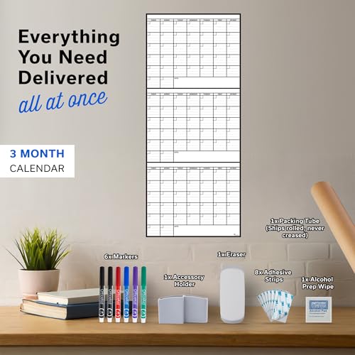 3 Month Dry Erase Calendar for Wall 40x17, Large Three Monthly Reusable Planner, Big Dry Office Erase, Rolled Whiteboard White Board, Classroom Calendar Undated Giant for Wall Erasable Family - size: 3 Month (40 x 17 inch)