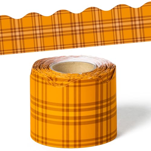 BeYumi Orange Plaid Border Trim - 65ft Back to School Orange Scalloped Rolled Border Trim Fall Thanksgiving Plaid Bulletin Board Set Harvest Party Decor Classroom Office Chalkboard Door Decoration - style: Orange Plaid