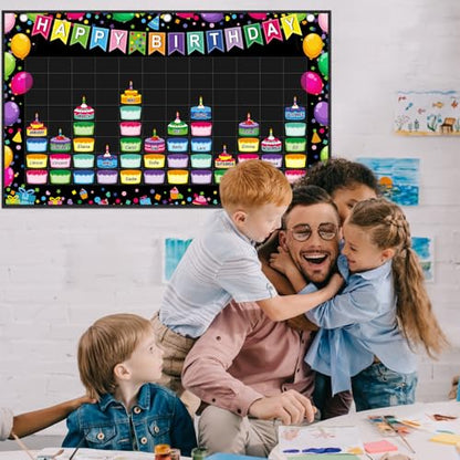 Pasimy Happy Birthday Pocket Chart Classroom Reusable Birthday Calendar Wall Hanging Chart with 144 Dry Erase Cards and 3 Hooks for School Classroom Bulletin Board Decor
