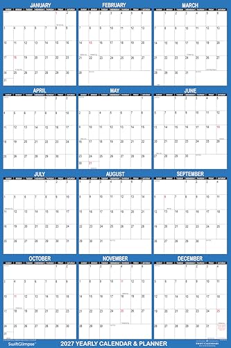 24" x 36" SwiftGlimpse 2027 Wall Calendar Erasable Large Wet & Dry Erase Laminated 12 Month Annual Yearly Wall Planner, Reversible, Horizontal/Vertical, Dark Blue - size: 24" x 36"