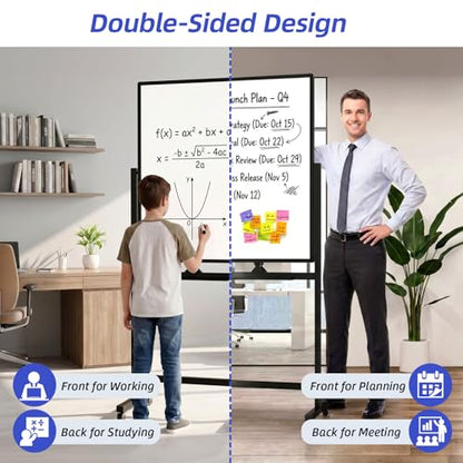 VOWNER Magnetic Mobile Whiteboard, 40" x 24" Double-Sided Dry Erase Board with Stand, Includes a Pen, Eraser, and Magnetic Buttons, Aluminum Frame Rolling Whiteboard for Home, Office, or Classroom