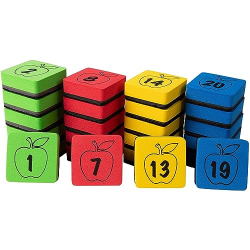 24 Pack Numbered Magnetic Mini Dry Erase Board Erasers for Teachers, Classroom Whiteboard, School Supplies, Bulk (4 Colors, 2x0.75 in)