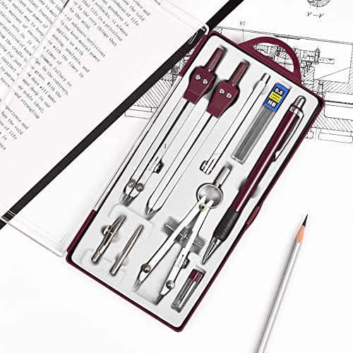 Unjoo 9Pcs Precision Geometry Set Metal Compass, Geometry Tool Tool Set with Shatterproof Storage Box, Circle Drafting Tool and Architecture, Drafting Kits for Engineers Students (Brown) - color: 9pcs-red