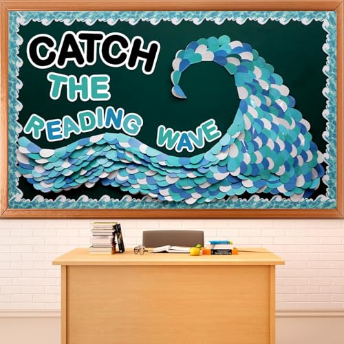 Summer Ocean Reading Bulletin Board Decorations Ocean Waves Theme Bulletin Board Set Catch The Reading Wave Half Heart Cutouts for Library School Classroom Chalkboard Wall Decor - style: Ocean Waves