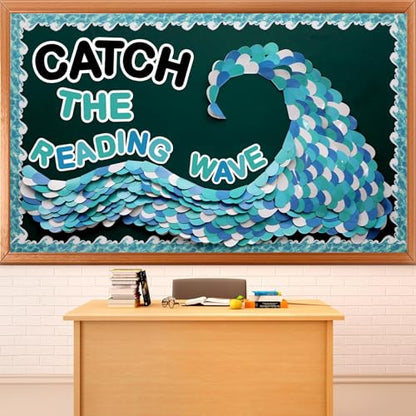 Summer Ocean Reading Bulletin Board Decorations Ocean Waves Theme Bulletin Board Set Catch The Reading Wave Half Heart Cutouts for Library School Classroom Chalkboard Wall Decor - style: Ocean Waves