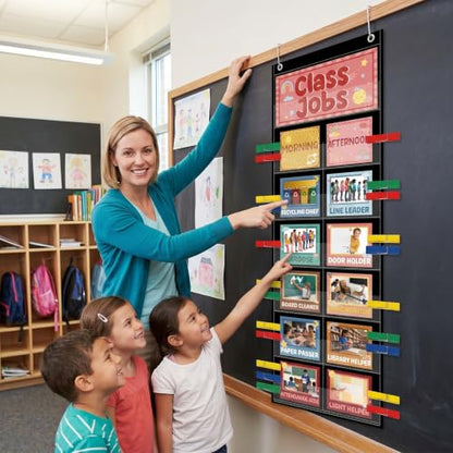 Class Jobs Pocket Chart - Groovy Management Educational Pocket Chart Set with Cards Clips Hooks, Teacher's Helper Classroom Supplies, Back to School Chalkboard Bulletin Board Decor - color: Groovy