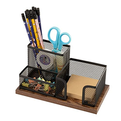 Antique Wood & Mesh Pen Holder Office Supplies Caddy, Storage Baskets for Desktop Accessorieswith Sticky Notes Holder,3 Compartments(2 Pack Black)