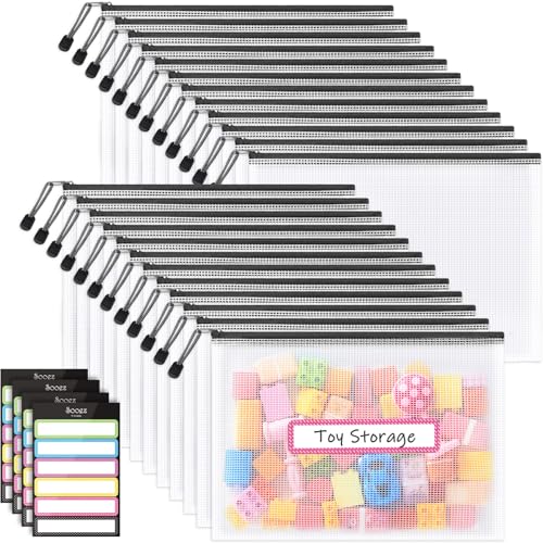 Sooez 24 Pack Mesh Zipper Pouch with Sticky Labels, A4 Mesh Bags, Sturdy Letter Size File Folders Organizer, Office School Classroom Supplies, Toy Storage Bag Board Game Puzzles Organization, Black - color: Black, size: 24Pack