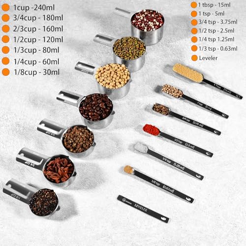 AIKEXIN 20 PCS Measuring Cups & Spoons Set, for Cooking & Baking Gadgets | 18/10 Stainless Steel, Metal Material | Nesting, Stackable Design | Dry & Liquid | Plastic | Leveler, Conversion Chart - style: Rectangular Spoons Set