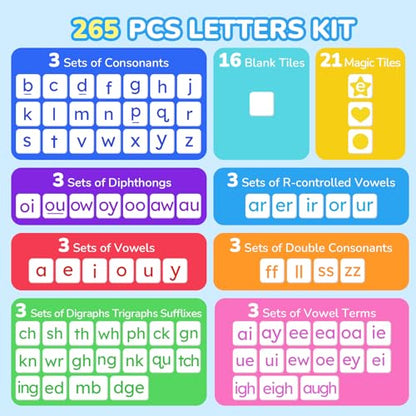 JoyCat 265 Phonics Magnetic Letter Tiles- Hooked on Phonics, ABC Reading Games Set with Word-Building Folder & Storage Case, Letter Sound Alphabet Letters, Preschool Pre k Classroom Materials - style: 265 Tiles+1 Word Folder
