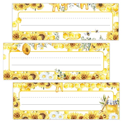 Name Tags for Classroom Desks, Sunflower Theme Students Name Plates, Honey Labels for School Teaching Supplies, Back to School Decor, 30 Pack (09) - style: Sunflower