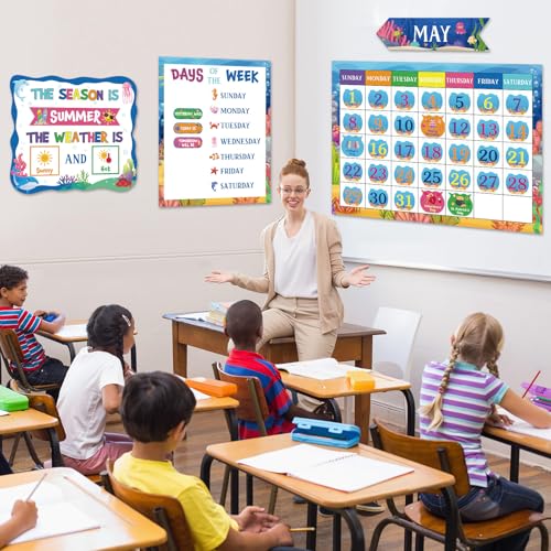 Tenare 169 Pcs Ocean Animals Classroom Calendar Bulletin Board Set, Calendar Seasons Weather Chart Bulletin Board and Classroom Display with Stickers for Bedroom Wall Decoration - style: Ocean Animals
