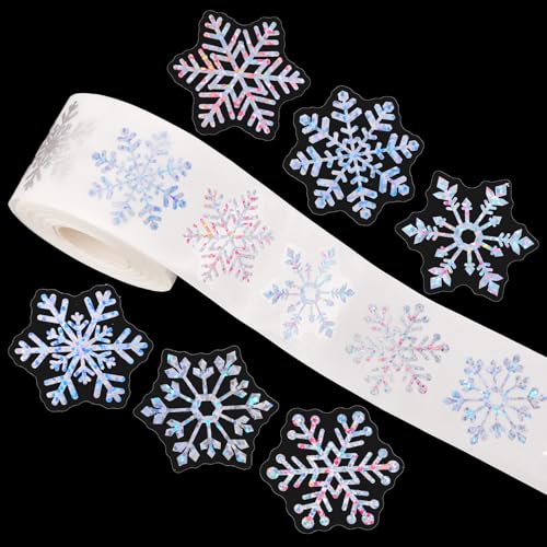 Whaline Winter Snowflake Stickers Roll Laser Silver Snowflake Seal Stickers Christmas Waterproof Self-Adhesive Decals for Envelope Journal Decor Xmas Holiday, 500 Pcs - style: Snowflake 2
