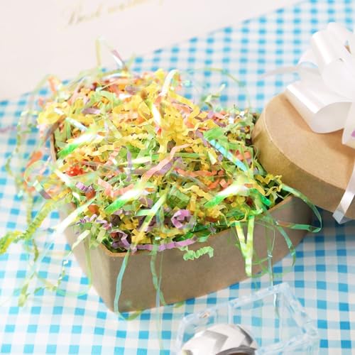 PAPER FAIR Iridescent Easter Grass Crinkle Cut Paper, 5OZ Green Yellow Purple Blush Paper Shred Filler Mix Strand Raffia Tissue Craft Bedding Cushion, Party Birthday Gift Box Basket Retail - color: Iridescent Easter