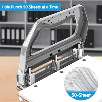 AFMAT 3 Hole Punch Heavy Duty, 9/32" Holes, 50-Sheet Hole Puncher 3 Ring, 50% Reduced Effort, Adjustable Two & Three Hole Punch, Metal Paper Puncher w/Large Chip Tray, Metal Paper Guide, Gray, HP18 - color: Gray
