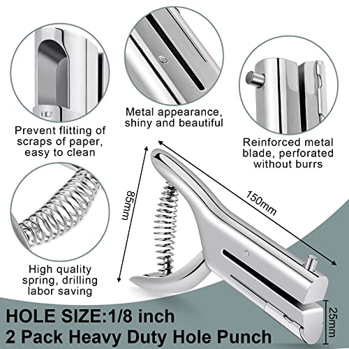 Chumia 2 Pcs Heavy Duty Hole Punch 2" Long Reach 1/8 Inch Paper Single One Hole Puncher Deep Throat Reduced Effort Hand Held Alloy Punch for ID PVC Cards 5 Inch Tall 25 Sheet Capacity - size: 1/8 Inch Diameter