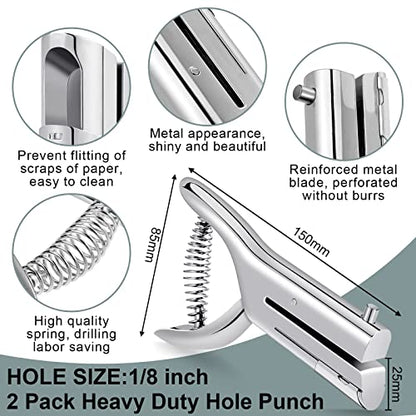Chumia 2 Pcs Heavy Duty Hole Punch 2" Long Reach 1/8 Inch Paper Single One Hole Puncher Deep Throat Reduced Effort Hand Held Alloy Punch for ID PVC Cards 5 Inch Tall 25 Sheet Capacity - size: 1/8 Inch Diameter