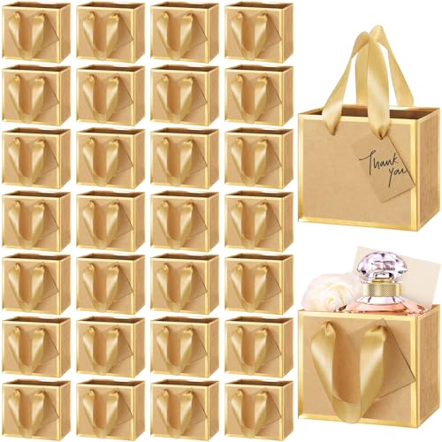 Yeaqee 50 Pcs Mini Metallic Paper Gift Bags with Handle 4.75x2.25x4'' Small Gift Bag DIY Tag Thank You Party Favor for Summer Wedding Baby Shower Birthday Back to School Jewelry (Kraft,Gold) - color: Kraft, Gold