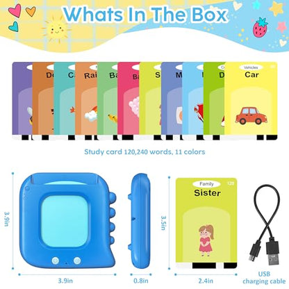 Talking Flash Cards,Kids Toddler Flash Cards with 240 Sight Words,Montessori Toys,Autism Sensory Toys,Speech Therapy,Learning Educational Gifts for Age 4 5 6 Years Old Boys and Girls - style: Dinosaur Blue