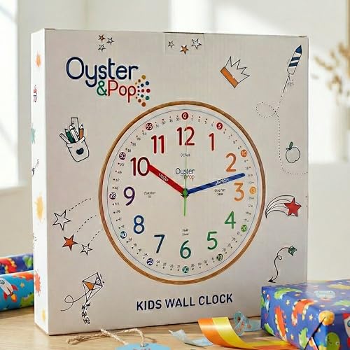 Oyster&Pop Kids Clock - Silent 10" Analog Clock, Learning Wall Clocks - Award-Winning Telling Time Teaching Clock for Kids - Bedrooms Homeschool & Classrooms - Includes eBook - color: Rainbow, size: 10 inch