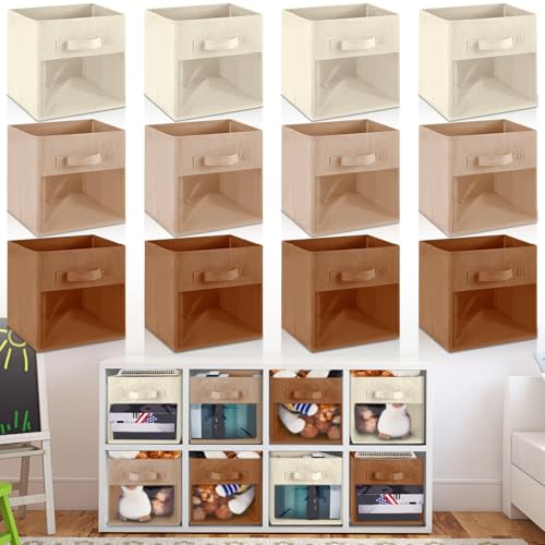 Marsui 12 Pcs Clear Cube Storage Bins Brown Collapsible Kids Storage Bins Fabric Classroom Organizer with Window for Kid Playroom Room Daycare Nursery - color: Brown