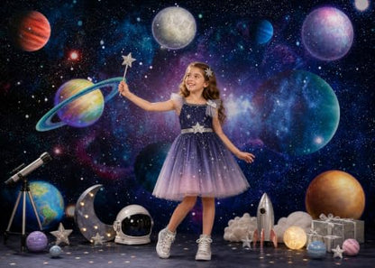 Outer Space Backdrop Starry Galaxy Banner for Baby Boys Girls Planet Theme Birthday Party, 118"x95.6" Nebula Photography Background Photoshoot Decorations Photo Studio Props Cake Table Decor - size: 118"x95.6"