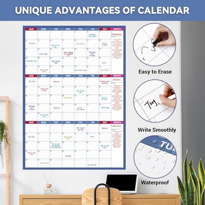 Lemome Dry Erase Calendar for Office, Classroom & Gym Undated, 3 Month, Erasable Large Wall Calendar, Premium Blank Yearly Planner, Big Dry Erase Board - Blue 28 x 40 inch