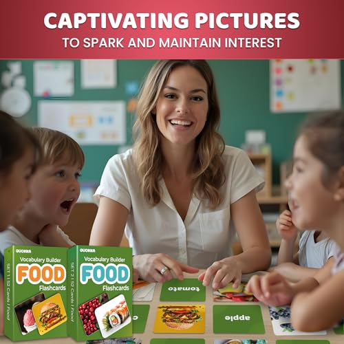 QUOKKA 104 Food Flash Cards Set – Kids and Adults Vocabulary Builder for ABA Therapy, Early Childhood Education, and ESL Teaching – Picture Cards for Speech Therapy and Vocabulary Building Activities - size: 104 Cards, style: Food