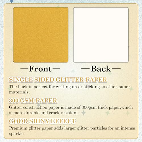 Klmnop 50 Sheets Gold Glitter Cardstock Paper 12x12", 300GSM Thick Gitter Sparkle Paper for Scrapbook, Christmas Birthday Cards, DIY Art Project, Wedding Party Decor & Gifts(Gold)