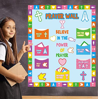 Geelin 184 Pcs Prayer Wall Bulletin Board Set Cork Board Religious Decor Rainbow Christian Bulletin Board Sets Sunday School Decorations for Classroom School Church Home Blackboard Chalkboard Wall
