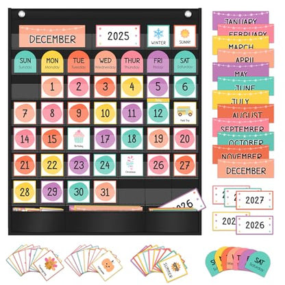 ZKOO Boho Calendar Pocket Chart with 97 Educational Cards, Large 20"x24" Weather Calendar Pocket Chart Perfect for Preschool and Homeschool Learning, Monthly Calendars with 3 Storage Pockets (Black) - color: Boho Calendar