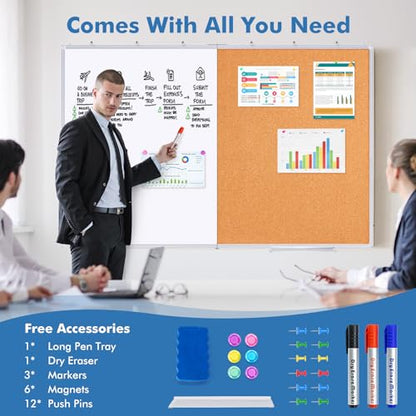 Magnetic White & Cork Board Combo 48" x 36" Aluminum Frame | Dry erase bulletin board, wall mounted or hanging. Dual-function surface for writing & pinning. Ideal for home, office, shool - size: 48 x 36 inch