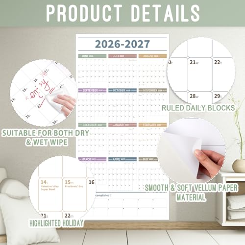 GuassLee Large Yearly Wall Calendar 2026-2027, Full Year Calendar One Page, Jun. 2026- May 2027, Annual Wall Calendar 2026, 24"X 48" Wall Calendar 2026 Large with Foam Stickers - color: Jun White
