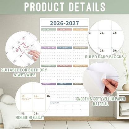 GuassLee Large Yearly Wall Calendar 2026-2027, Full Year Calendar One Page, Jun. 2026- May 2027, Annual Wall Calendar 2026, 24"X 48" Wall Calendar 2026 Large with Foam Stickers - color: Jun White