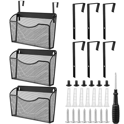Tenceur 3 Pcs Mesh Letter Wall File Folder Cubicle File Holder Hanging Wall Mounted File Holder 3 Pocket Vertical File Organizer for Office Home Room Storage Basket(13.19 x 12.2 x 3.07 Inch,Black)