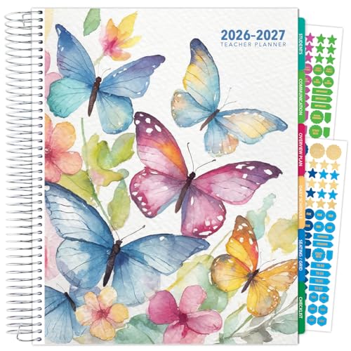 DELUXE TEACHER PLANNER Aug 2026-Jul 2027 8.5x11 Daily Weekly Monthly Organizers with 7 Periods, Pocket Folder, Dated Calendar, Page Tabs, Bookmark and Planning Stickers (Watercolor Butterflies) - color: Watercolor Butterflies