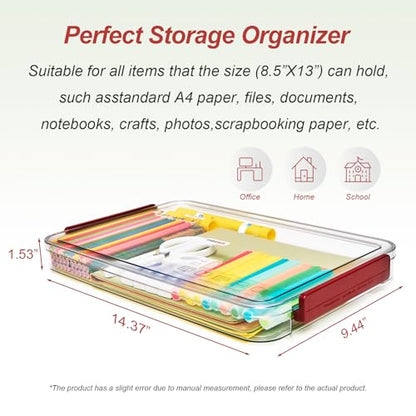 CATOOMUU A4 Storage File Box 9 X 13 Clear Stackable Slim Plastic Portable Project Case For Letter Paper Photo Documents Scrapbook, 3 Count - color: Small-Red