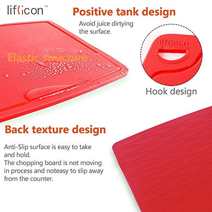 Liflicon Thick Silicone Cutting Board 12.6'' x 9.1'' Juice Grooves Easy Grip Handle Dishwasher Safe-Red - color: Red, size: 12.6"L x 9.1"W