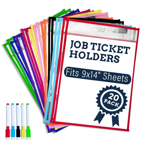 25 PCS Dry Erase Pockets Set, 9x14 Reusable Sleeves Job Ticket Holders | 20 reusable dry erase sleeves in 10 colors with 5 markers. Heavy duty job ticket holders for classroom, office, warehouse use