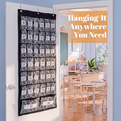 Colarr 38 Composition Book Classroom Pocket Chart Organizer with Numbers Oxford Fabric Cell Phones Calculator Holder for Classroom Pocket Organizer Hanging Chart with Numbered Slots and 4 Hooks - style: Composition Book